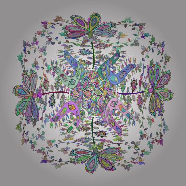 Beyaz, nötr ve mavi arkaplan üzerine soyut karalamalı düz tasarım. Vektör çizimi. Renkli desen.