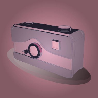 Tarafsız, pembe ve mor renkli bir figür. Kamera vektörü izole edildi. Modern basit 3 boyutlu fotoğraf tabelası. Anında internet konsepti. Web sitesi tasarımı için moda simgesi.