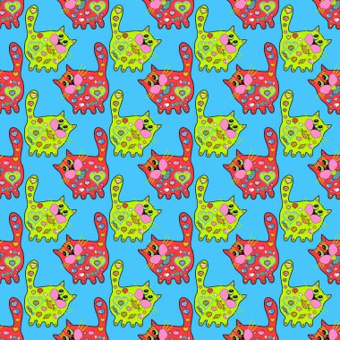 Kedi görüntüsü izole. Ambalaj kağıdı için güzel desen. Vektör. Kusursuz desenli Sketch şirin arkaplan. Karalamalar mavi, yeşil ve turuncu renklerde.