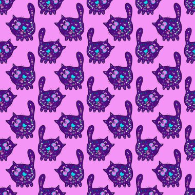 Vektör. Kusursuz bir iz. Renklere pembe, menekşe ve siyah karalamalar. Modaya uygun kedi deseni. Tasarım ambalajı ve hediye kağıdı, tebrik kartları, afiş ve poster tasarımı.