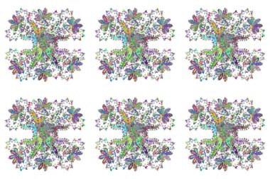 El çizimi çiçek unsurları olan soyut, dikişsiz raster deseni. Nazik, yeşil, beyaz ve mavi renkler üzerine karalamalar.