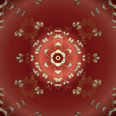 Tekrarlayan elementlerle soyut vektör arkaplanı. Kusursuz damaske klasik altın desen. Turuncu ve kırmızı renklerde altın sarısı desenler. Vektör illüstrasyonu.