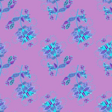 Vektör çizimi. Güzel kumaş deseni. Çiçekler, dallar, bitkiler ve çiçekler. El çizimi.