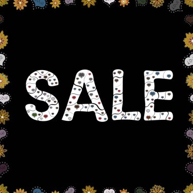 Mektup. Kusursuz desen. Mevsimlik indirimler ayarlandı. Gri, siyah ve beyaz renkte bir resim. Satılık. Süslü vektör renkli elementler çerçevesi.