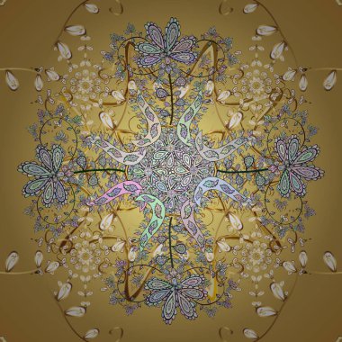 Modaya uygun kumaş deseni. Vektör. Tasarım ambalajı ve hediye kağıdı, tebrik kartları, afiş ve poster tasarımı. Yazdır. Karalamalar bej, sarı ve renklere göre nötr.