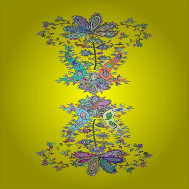 Sarı, yeşil ve mavi renkte. Karalama kalıbı. Tasarım ambalajı ve hediye kağıdı, tebrik kartları, afiş ve poster tasarımı. Kusursuz desen soyut şirin arkaplan. Vektör illüstrasyonu.