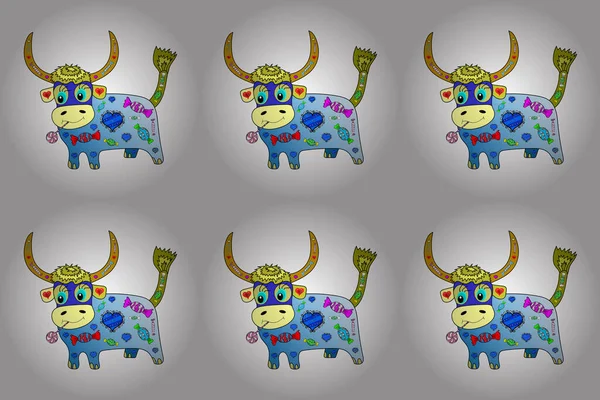 Cute cow. Animal holidays cartoon character. Image in white, blue and yellow colors.For any design projects. Happy Chinese new year greeting card. Translate: Ox. 2021 Ox zodiac. Raster illustration.