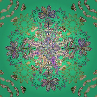 Kahverengi, nötr ve yeşil renklerde Art Deco Deseni. Eski model sanat tasarımı. Ambalajlar, duvar kağıtları, kumaş tasarımı ve kağıt için hoş bir arkaplan. Kusursuz. Vektör illüstrasyonu.