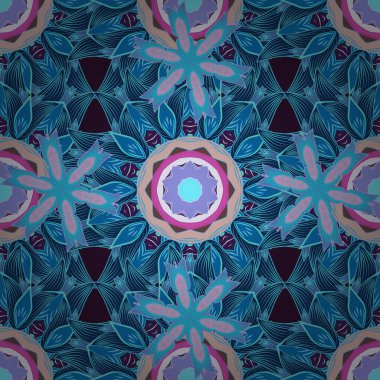 Kabile, Boho, Bohem tarzı. Mor renkli, nötr ve mavi renkli bir kart ve mandala. Kaleydoskop, madalyon, yoga, Hindistan, Arapça. Geometrik çember vektör ögesi.