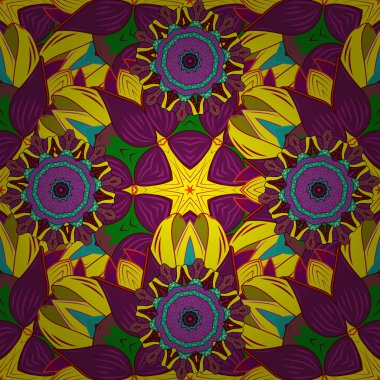 Kırmızı, mor ve sarı renkte renkli mandala. Vektör çizimi. Zengin etnik çizgili dikişsiz geometrik tasarım. Mandala tarzı.