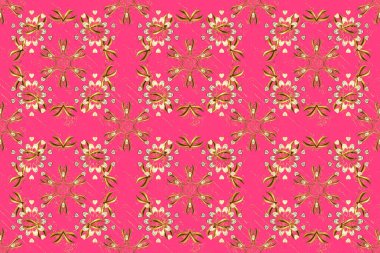 Raster illüstrasyonu. Süslü dekorasyon. Damask altın soyut çiçek kahverengi ve pembe renklerde kusursuz desen.