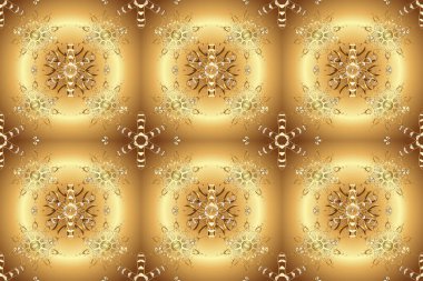 Kahverengi ve bej renklerde altın elementlerle kusursuz klasik desen. Noel, kar tanesi, yeni yıl. Kahverengi ve bej renklerde altın rengi ve altın elementler üzerinde altın pürüzsüz desen.