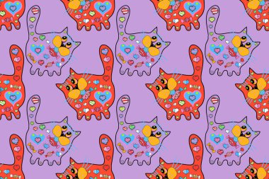 Kusursuz desenli nakışlı kediler. Keten kumaş dokusu. Zentangle tarzı. Raster nakışlı ev dekorasyonu, tekstil, moda, kumaş desenleri. Tarafsız, turuncu ve siyah renkler.