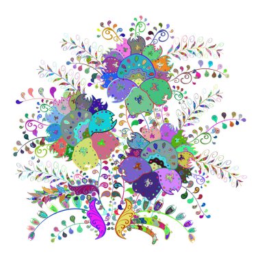 Vektör çizimi. Çiçekli çiçek deseni, suluboya. Yeşil, beyaz ve mavi renkte çiçekler. Düz Çiçek Elementleri Tasarımı. Renkli Bahar Teması çizim şablonu.