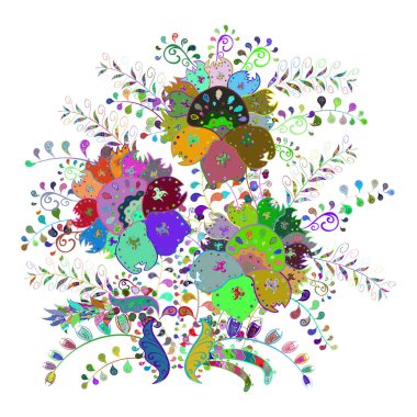 Moda baskıları için zarif bir şablon. Modern çiçek arkaplanı. Halk tarzı. Parlak renkli çiçekleri olan ve beyaz, mavi ve yeşil renkli yaprakları olan muhteşem bir çiçek deseni..