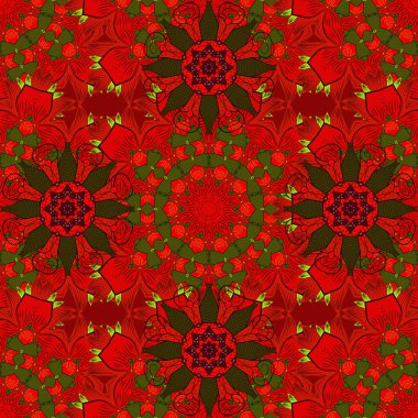 Vektör çizimi. Çiçekli karalama şeklinde vektör deseni. Kibarca, bahar çiçekleri kırmızı, kahverengi ve yeşil renklerde.