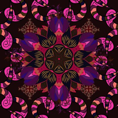 Renkli Bahar Temalı Kusursuz Arkaplan. Siyah, mor ve morumsu renklerde zarif çiçekli suluboya. Vektör çizimi. Düz Çiçek Elementleri Tasarımı.