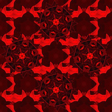 Çizim için kullanılabilir, web sayfası. Şekillendirilmiş çiçeklerle kusursuz bir yaz deseni. Vektör süslemeli zentangılsız doku, kırmızı, siyah ve kahverengi renklerde soyut çiçek mandalaları deseni.