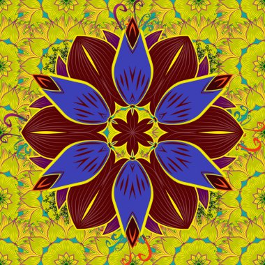 Soyut etnik vektör kusursuz desen. Çiçekler. Vadinin çiçekleri sarı, mor ve kırmızı renklerde.