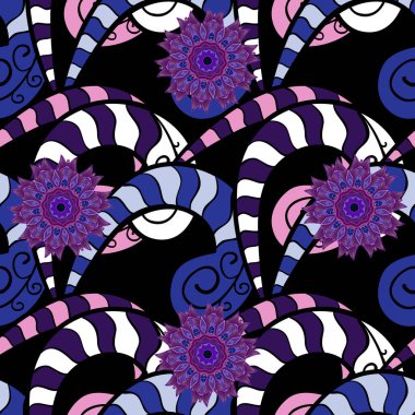 Anti stres için vektör soyut şablon sayfası. Vektör çizimi. Mor, mavi ve siyah renklerde. Kartlar, davetiyeler, tarih kartları ve daha fazlası için kullanılabilir.