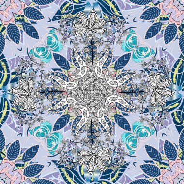 Vektör - stok. Beyaz, nötr ve mavi çiçekli kusursuz desen, suluboya çiçek deseni, sevimli çiçek, çizim, kart veya kumaş için fayanslı.