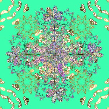 Klasik tarzda hem de. Çizimler için mükemmel, web sayfası geçmişi, yüzey dokuları, tekstil. Yeşil, kahverengi ve nötr renklerde kıvrım ve kıvrım deseni. Kusursuz. Vektör illüstrasyonu.