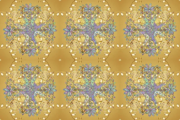 Foliage vintage nice seamless pattern. Retro rich design for wallpapers, textile. Raster yellow, neutral, beige leafy background with hand drawn leaves, flowers, swirls, intricate beautiful ornaments.