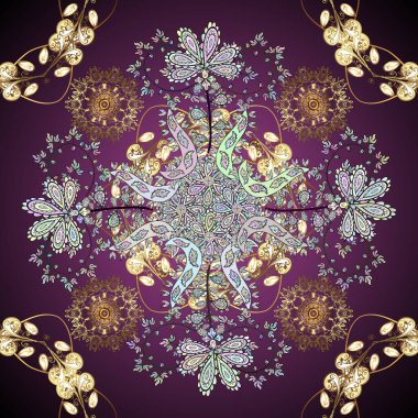 Moda baskısı, hatıra defteri, ambalaj kağıdı ve çizim için kusursuz desenli zarif dekoratif süs. Kahverengi, mor ve nötr renkte resimler Vektör illüstrasyonuName.