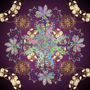 Vektör. Kusursuz oryantal vektör desenli, arabesk ve çiçek elementli şirin desenli. Tarafsız, kahverengi ve mor renkler üzerine bir resim. Geleneksel klasik süs. Arabesk ile klasik desen.