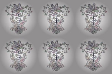 Tarafsız, gri ve beyaz renkli Raster çizimleri. Moda baskısı, hatıra defteri, ambalaj kağıdı, duvar kağıdı için zarif dekoratif süslemeler..