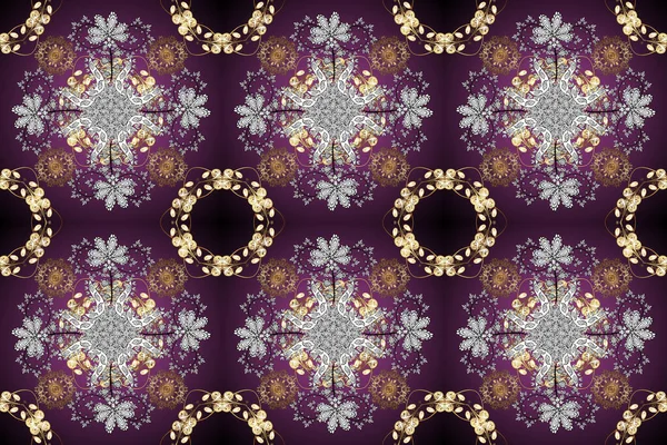 Orient background. Fantasy illustration. Orient raster classic vintage pattern. Pictures in purple and brown colors. Seamless abstract background with cute elements.
