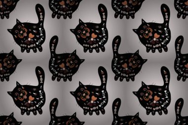 Moda baskısı, hatıra defteri, ambalaj kağıdı ve duvar kağıdı için kusursuz desenli dekoratif süs. Kedi resimleri kahverengi, siyah ve gri renkte Raster illüstrasyonu.