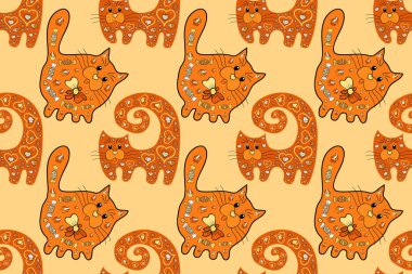 Raster - stok. Kusursuz bir arka plan modeli. Karalamalar siyah, bej ve turuncu renklerdeki kedilerdir. Suluboya, elle çizilmiş.