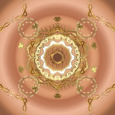 Vektör altın tekstil izi. Çiçek kiremitleri. Kahverengi ve bej renklerde altın desenli altın elementler. Kusursuz desenli oryantal süs. İslam tasarımı.