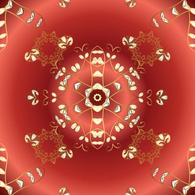 Kırmızı ve turuncu renkte desen. Kına dövmeli süs çiçekleri, altın çıkartmalar, mehndi ve yoga tasarımı, kartlar ve parmak izleri. Vektör altın mehndi kusursuz desen.