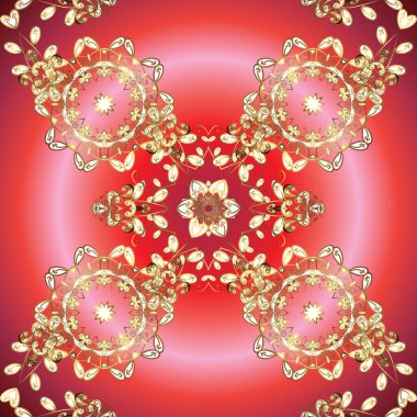 Vektör altın desen. Kusursuz kıvırcık saçlar. Doğulu stil, altın elementlerle pembe ve kırmızı renklerde altın desenli arabesk yapar.