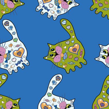 Vektör dokusu. Kedi görüntüsü. İllüzyon. Tarafsız, yeşil ve mavi renklerdeki karalamalar. Kusursuz desen Güzel kumaş arkaplan.