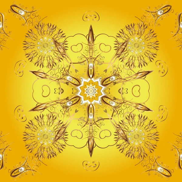 Vektör tasarımı. Arabesk ile klasik model. Geleneksel klasik süs. Kusursuz oryantal vektör desenli, arabesk ve çiçek elementli şirin desenli. Sarı, bej ve kahverengi renkler üzerine resim.