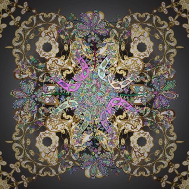 Kusursuz desen. Vektör. Renkli arkaplan üzerine döşenmiş motif, bukleli. Görüntü bej, gri ve kahverengi renklerde. İslami süslemeli soyut arkaplan, Arapça geometrik doku.