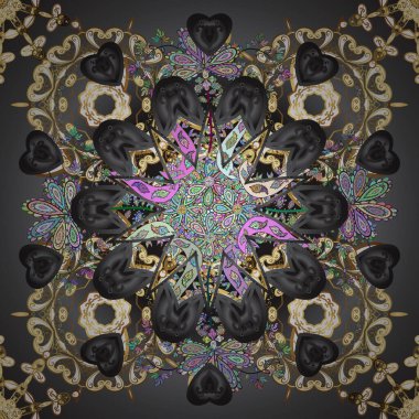 Vektör. Klasik lüks, eski moda İspanyol aksesuarı, eskizler için kraliyet Victoria dönemi kusursuz dokusu, tekstil. Gri, bej ve kahverengi renkli bir resim. Vektör şirin, pürüzsüz kalıp arkaplanı.