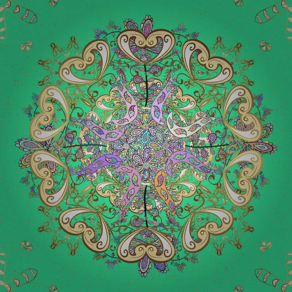 Klasik lüks, eski moda İspanyol aksesuarı, kraliyet Victoria mezhebi. Vektör damaskesiz şablon arkaplanı. Çizimler, tekstil ve ambalaj için kusursuz doku. Yeşil, nötr, bej renkli resimler.