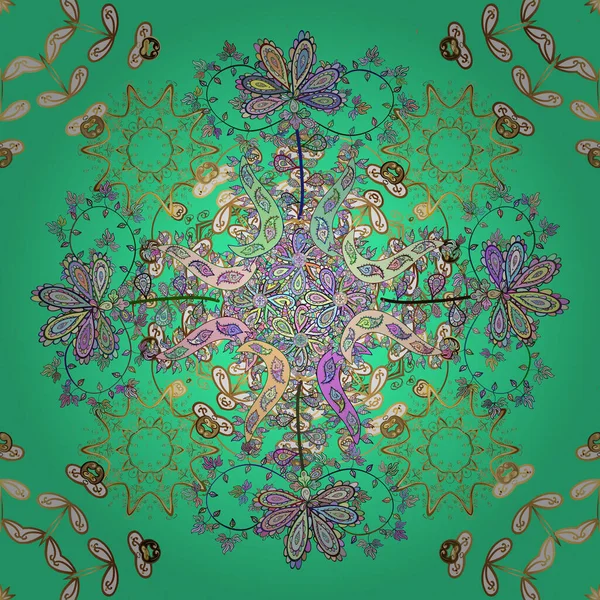 Vektör tarafsız, yeşil ve kahverengi yapraklı arka plan, el yaprakları, çiçekler, girdaplar, karmaşık güzellikte. Yeşillik, güzel, dikişsiz desen. Eskizler, kumaş ve tekstil için geçmişe dönük zengin tasarım.