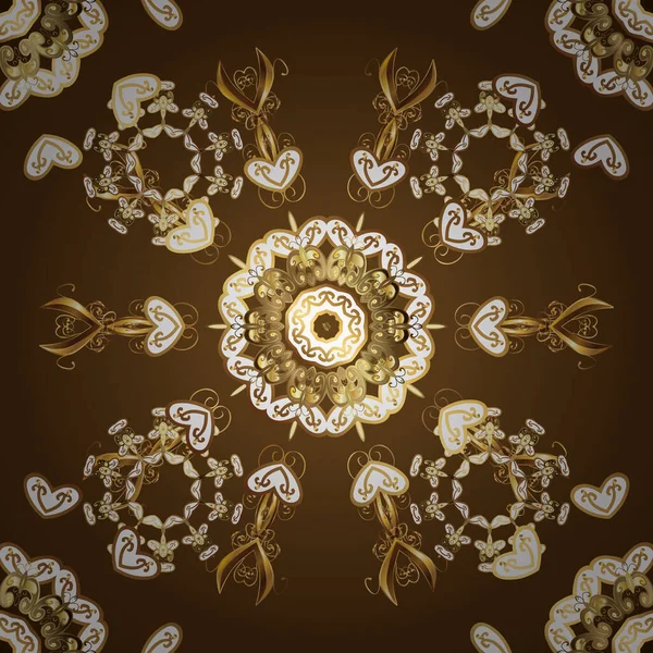 Çiçek süsü kumaş deseni, cam, çiçek desenli metal beyaz ve kahverengi renklerde altın elementler. Klasik vektör altın desen.