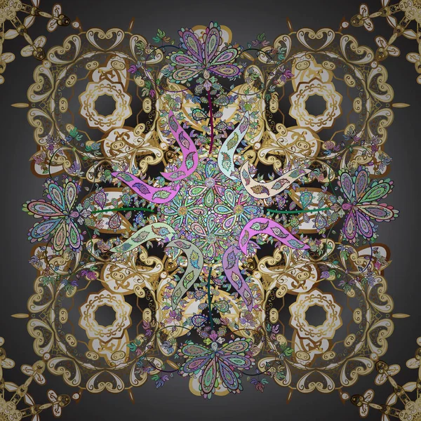 Kusursuz desen. Vektör. Renkli arkaplan üzerine döşenmiş motif, bukleli. Görüntü bej, gri ve kahverengi renklerde. İslami süslemeli soyut arkaplan, Arapça geometrik doku.