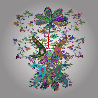 Moda baskısı, hatıra defteri, ambalaj kağıdı ve çizim için kusursuz desenli zarif dekoratif süs. Mavi, yeşil ve beyaz renkli Vektör illüstrasyonunda resimler.