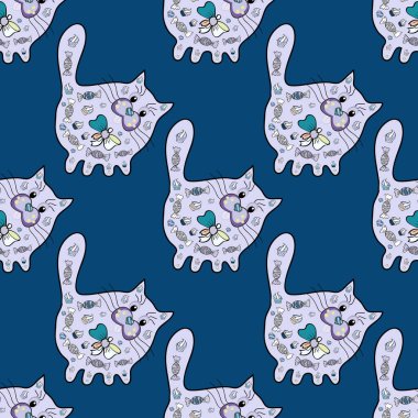 Arkaplan dokusu, taslak, mavi, siyah ve nötr renklerde tema. Soyut kedicik etnik vektör kusursuz desen. Kabile sanat baskısı, klasik arka plan..