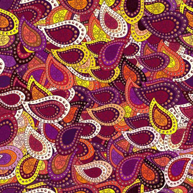 Vektör çizimi. Kusursuz Yazdır. Güzel kumaş deseni. Tasarım. Düz karalamalar. Renklerde kırmızı, kahverengi ve mor elementler.