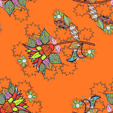 Kusursuz çiçek deseni. Siyah, turuncu ve yeşil renkli çiçekler. Düz Çiçek Elementleri Tasarımı. Renkli Bahar Temalı Kusursuz Arkaplan. Vektör çizimi. Asya tekstil tarzında.