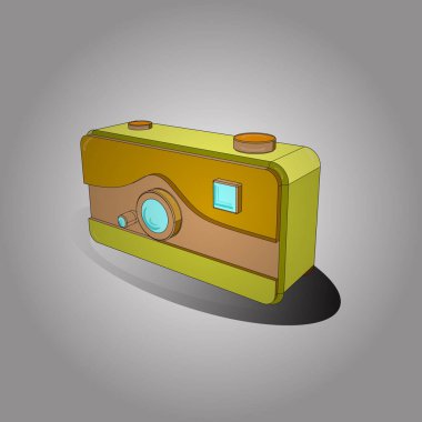 Gri, sarı ve beyaz renkli taslak. Isometry. Üç boyutlu. Klasik kamera vektörü düz stil asılıyor.