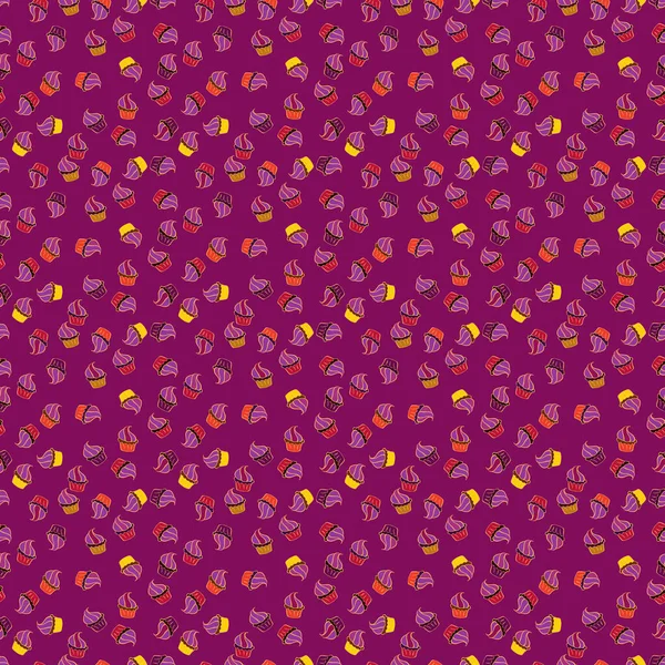 Sarı, mor ve kırmızı renkte güzel bir doğum günü geçmişi var. Elle çizilmiş tatlılar: Kekler, kek, turta, kekler. Vektör illüstrasyonu.